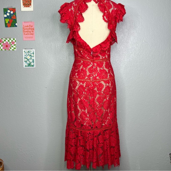 SAYLOR Lace High Neck Ruffled Trumpet Midi Dress Medium - Picture 3 of 14